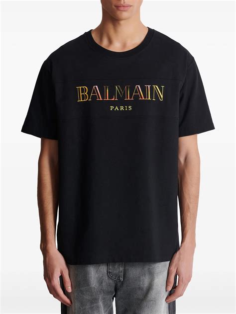Balmain Paris Multi-Coloured Embroidered Logo Oversized T-Shirt in Bla ...