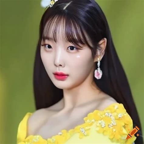 Korean kpop idol in a yellow dress with flowers on Craiyon