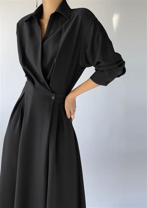 Black Midi Shirt Dress, Long Sleeve Shirt Dress, Loose Fitting Dress ...