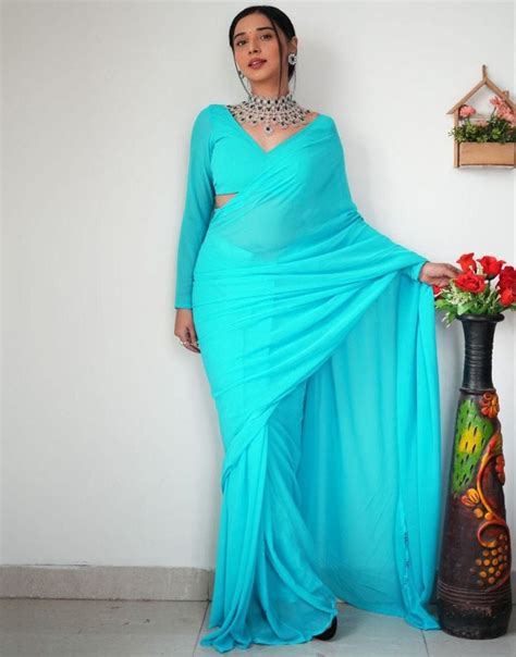 Tiffany Blue Georgette Ready To Wear Saree – Sareewave