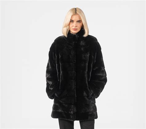 Horizontal Layer Blackglama Mink Fur Jacket - 100% Real Fur - Horizontal Layers