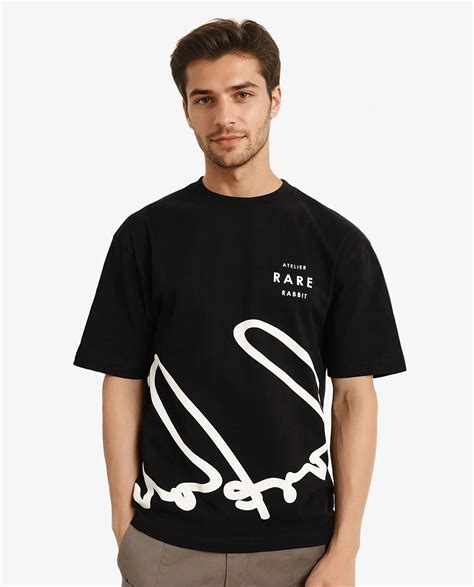 Rare Rabbit Men's Ther Black Cotton Graphic Print Oversized Fit Half S