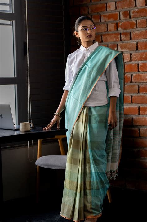Sea Blue & Olive Green - Stitch Texture Organic Cotton Saree(no blouse ...