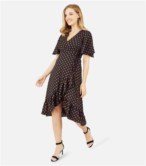 Mela Navy Polka Dot Ruffle Midi Wrap Dress | New Look