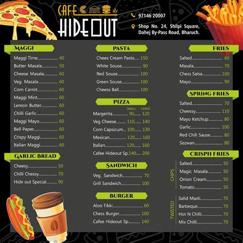 Menu at Cafe Hideout, Bharuch