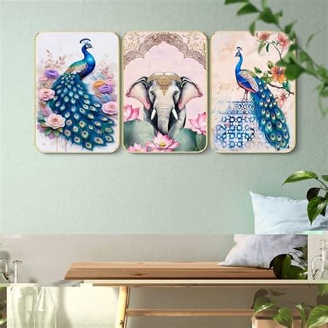 Livin'luxe Peacock & Royal Elephant Floral Art Print Set of 3 | Luxury ...