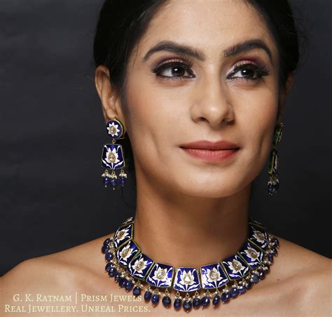 23k Gold and Diamond Polki Necklace Set with exquisite blue pottery an ...