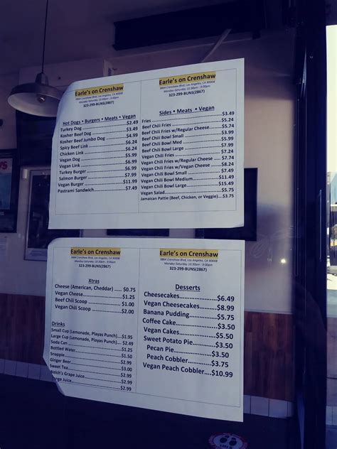 Menu at Earle's On Crenshaw restaurant, Los Angeles, Crenshaw Blvd