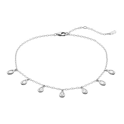 Sterling Silver Lab Created White Sapphire Teardrop Station Anklet