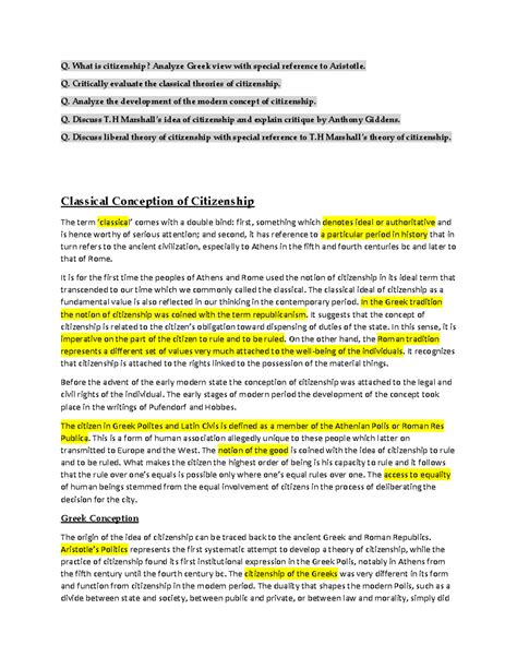 Unit 1 & 2 - Nice - Q. What is citizenship? Analyze Greek view with ...