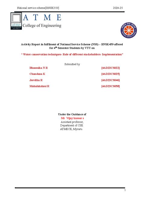 NSS BNSK459 Activity Report: Water Conservation Strategies for 4th Sem ...
