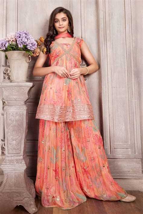 Peach Zari and Sequins work with Digital Print Alia Cut Peplum Top and ...