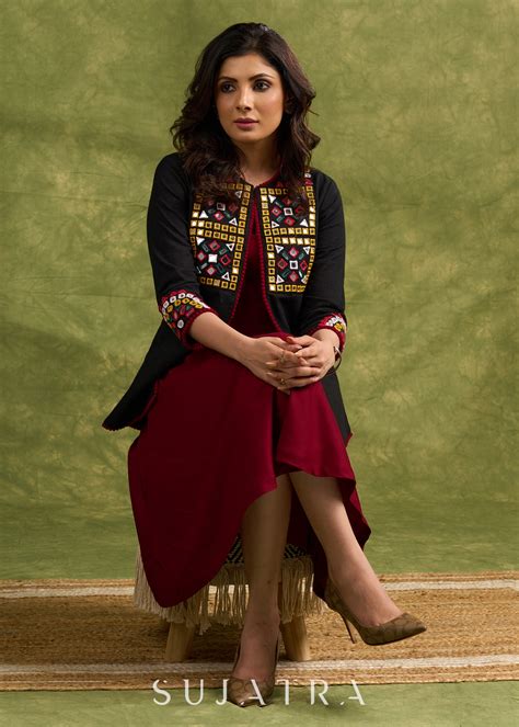 Hand Embroidered Black Cotton Kutch Jacket Featuring Traditional Mirro ...