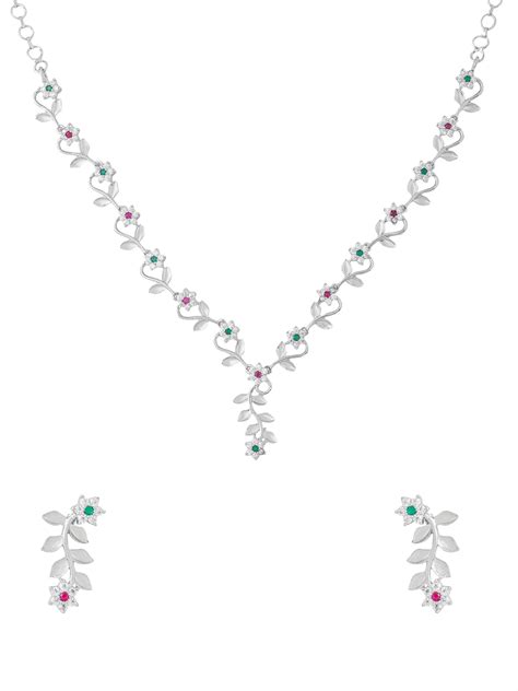 Yellow Chimes Diamond Necklace Set for Women | White Stone Silver Neck ...