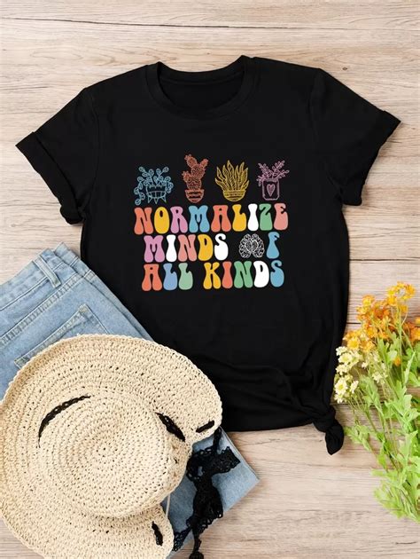 SHEIN LUNE Plus Cactus & Slogan Graphic Tee NORMALIZE MINDS OF ALL ...