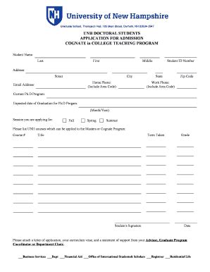 Fillable Online gradschool unh UNH DOCTORAL STUDENTS APPLICATION FOR ...