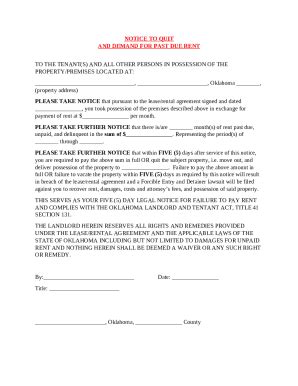 Notice to Quit and Demand for Past Due Rent - Blank Fillable Template ...