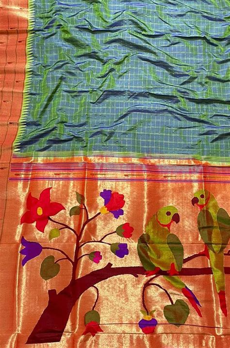 Green Handloom Paithani Pure Silk Triple Muniya Border Checks Design ...