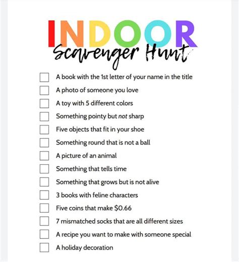 Indoor Scavenger Hunt List Indoor Scavenger Hunt Printable Coloring