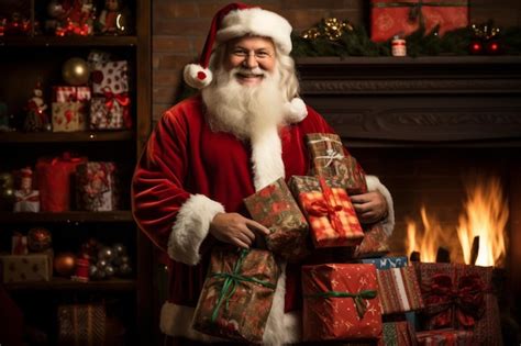 Santa claus in a red suit and white beard is holding a stack of ...