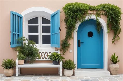 Santorini style architecture with bench plant door and window | Premium ...
