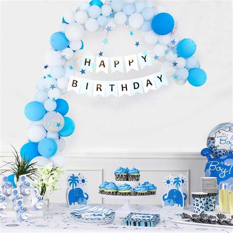 PYXIS® 112 Pcs White and Blue with Golden Confetti Along with Balloons ...