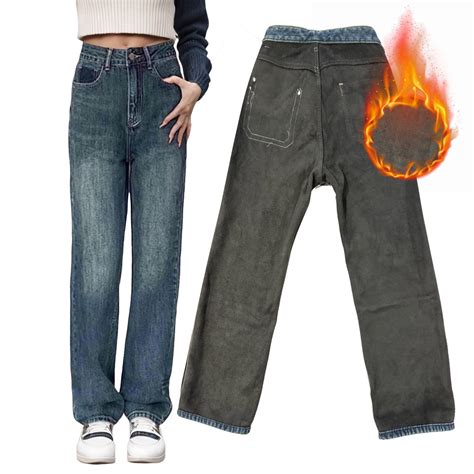 Fleece Lined Jeans Women Straight Leg High Waist Lined Jeans Winter ...