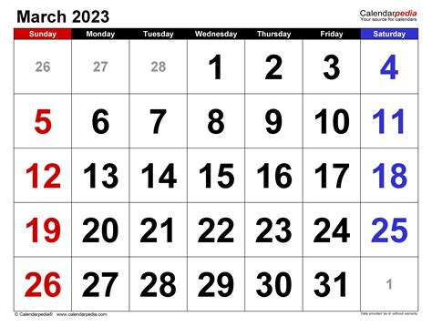 March 2023 Calendar | Templates for PDF, Excel and Word