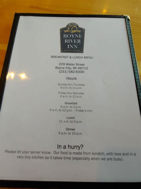 Menu at Boyne River Inn pub & bar, Boyne City