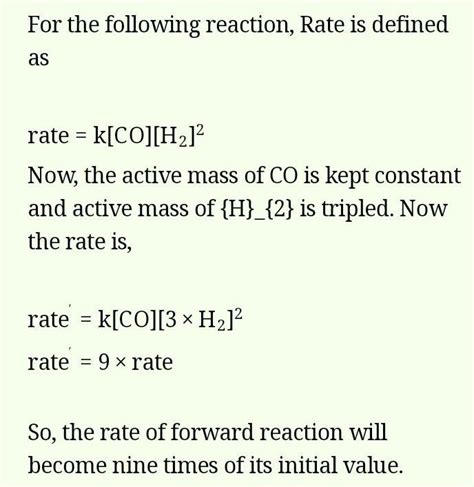 For the reaction CO(g) + 2H2(g) CH3OH(g) . If active mass of CO is kept ...