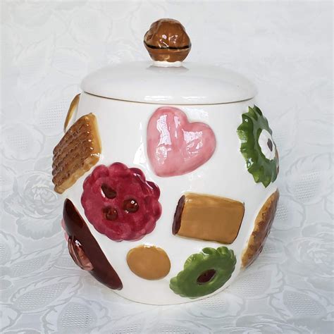 Vintage Los Angeles Potteries Cookies All Over Walnut Lid Cookie Jar ...