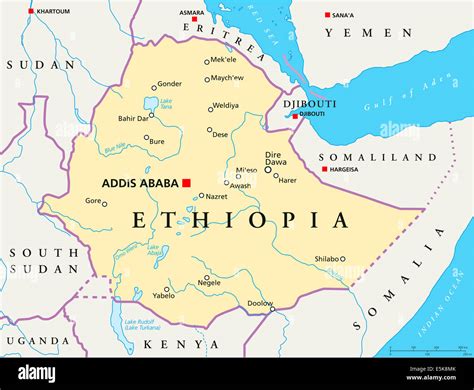 Ethiopia Political Map with capital Addis Ababa, national borders, most ...