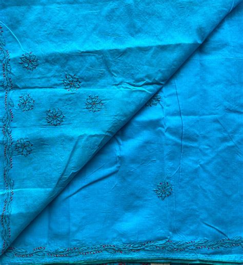 Sky Blue & Tiffany Blue Hand Embroidered Chikankari Voile Cotton Saree ...