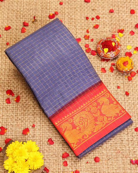 Traditional Sungudi Cotton Saree with Checked Pattern and Rich Zari Pe