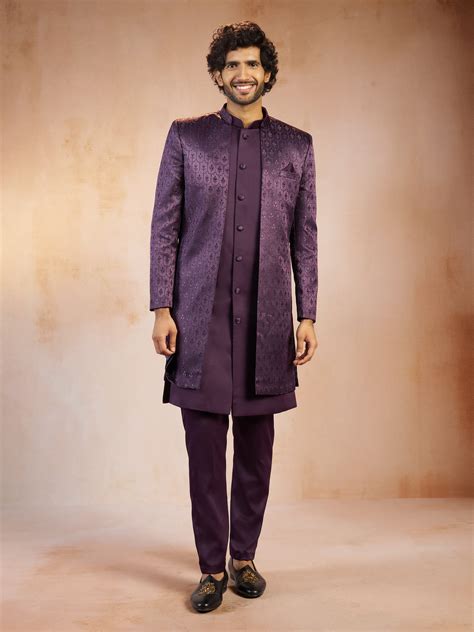 Men's Purple Jacquard Silk Sherwani Set | Vastramay – vastramay