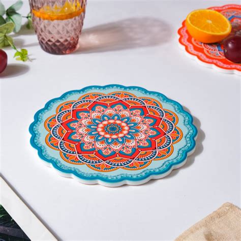 Floral Mandala Ceramic Trivet Blue Orange 8 Inch