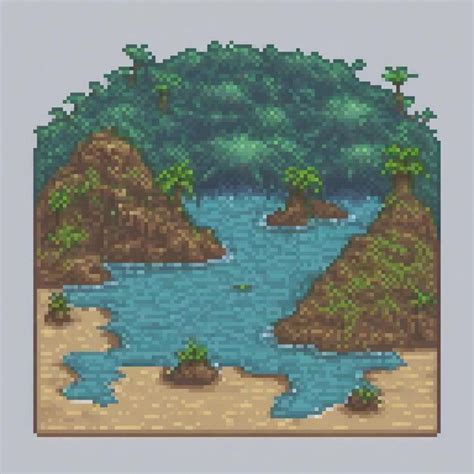 Pixel art que representa un río sereno que fluye a través de un bosque ...