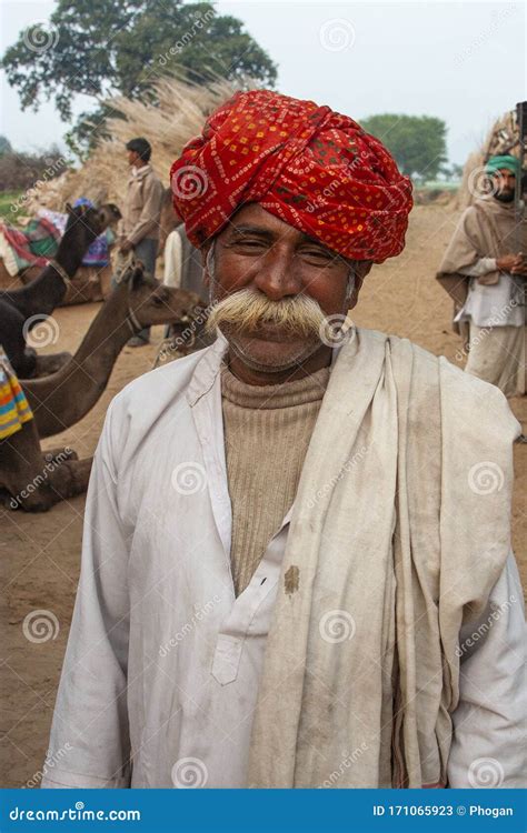 Asian Indian Man with Red Turban and Luxurious Mustache in Village ...