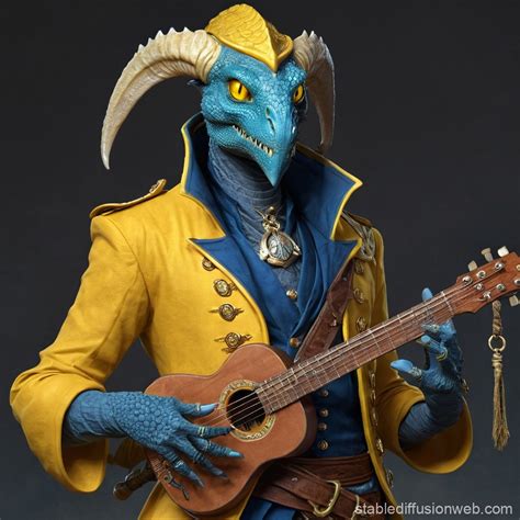 Blue Dragonborn Bard in Pirate Outfit | Stable Diffusion Online