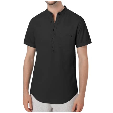 GA WEIHUA Cotton Linen T Shirts for Men Half Button Down Henley Shirt ...
