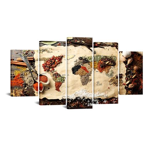 Large 5 Panel Map of World Made from Spices on Wooden Canvas Art Wall ...