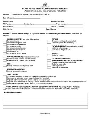 Claim Adjustment/Coding Review Request Form - Blank Fillable Template ...