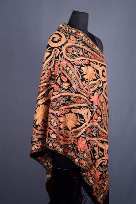 Black color kashmiri work embroidered stole enriched with floral