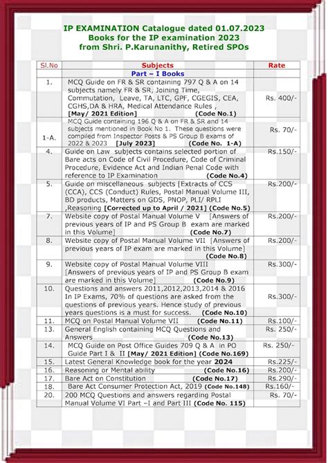 Books for Inspector Post Examination - Catalogue dtd 01.07.2023
