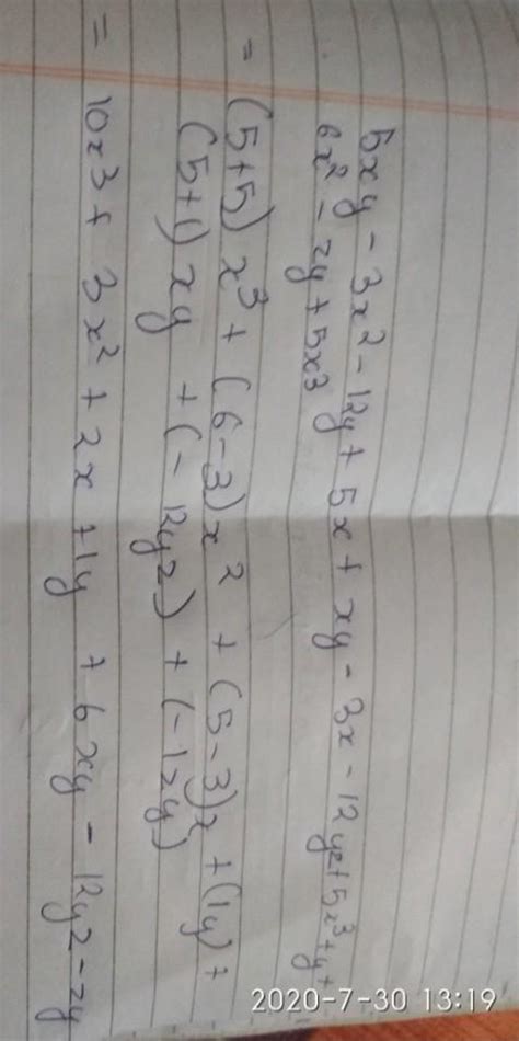 .Subtract the sum of (5xy − 3x² – 12y +5x) and (xy − 3x − 12yz + 5x (y ...