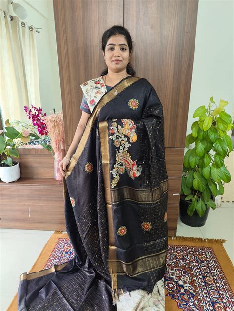 Semi Tussar with Applique Work & Extra Kalamkari Matching Blouse - Bla ...
