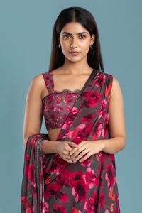 Buy Grey Georgette, Crepe Square Dancing Dynamo Pre-draped Printed ...