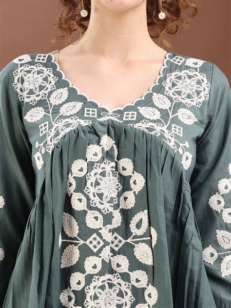 Green Colored Thread Embroidered Cotton V-Neck Alia Cut Co-ords Set