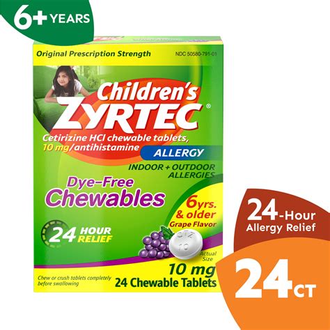 Zyrtec 24 Hour Children's Allergy Chews, 6+ yrs, 10 mg Grape, 24Ct - Walmart.com