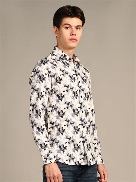 Full sleeves Slim Fit Cream All-Over Floral Dobby Textured Print Shirt ...